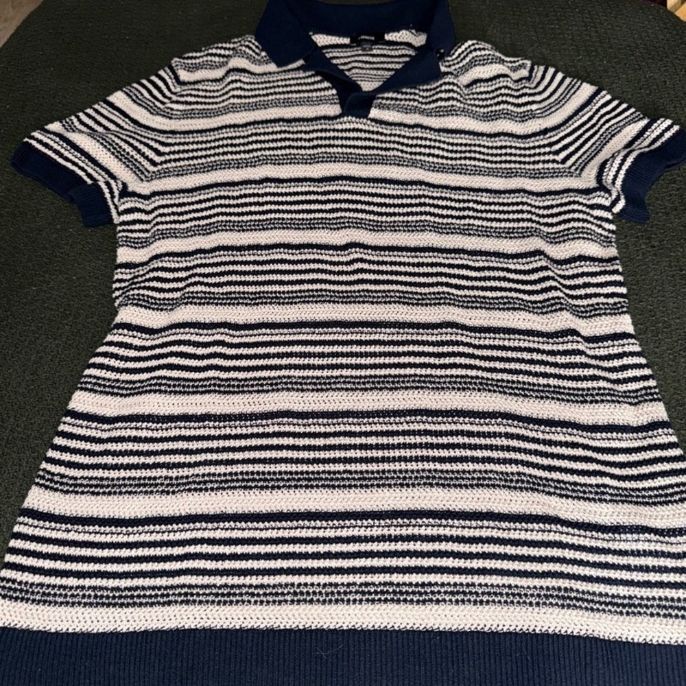 Express Navy Blue White Striped Cotton Linen Knit Short Sleeve Polo